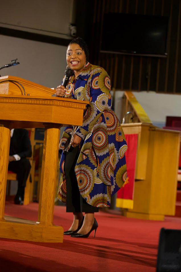 Reverend Dr. R. Janae Pitts-Murdock preaching at Allen Temple